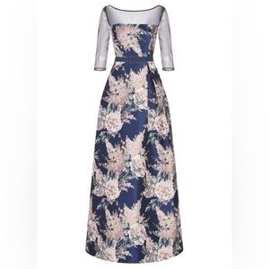 Kay Unger Floral Print Illusion Boat. Size 2